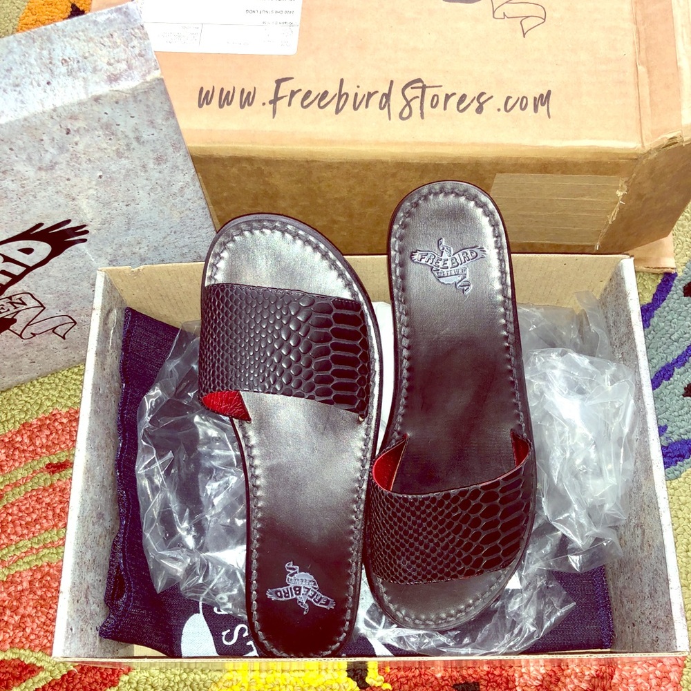 Freebird by Steven, slide sandals, black snake, 8